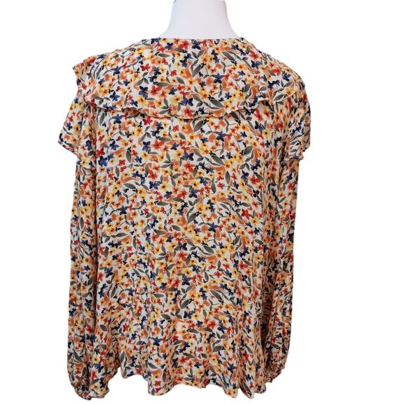 DEMOCRACY Blouse Top Shirt Size‎ XL Boho Floral Ruffled V-Neck Yellow Blue - Picture 4 of 10